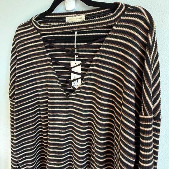 Gilded Intent Womens Black/Brown Oversized Striped V-Neck Strappy Knit Top Large - Picture 6 of 10